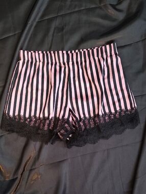 Victoria's Secret Light Pink & Black Striped Lace-Trim Satin Shorts